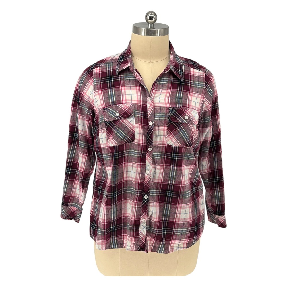 Croft & Barrow Button Down Plaid Shirt Burgundy Pink 100% Cotton 1X